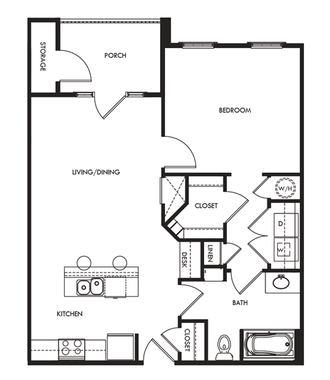 Floor plan for 1 bed, 1 bath, 705 sqft